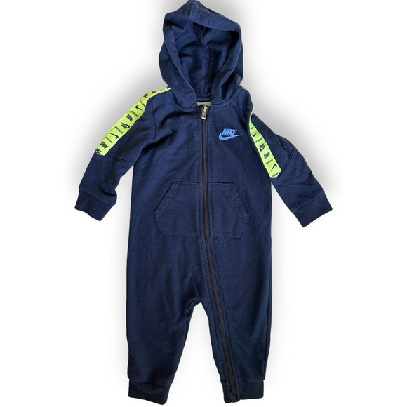 Nike Swoosh Jumper Baby Hoodie 6/9 Months Navy Blue Neon Green - Picture 1 of 5